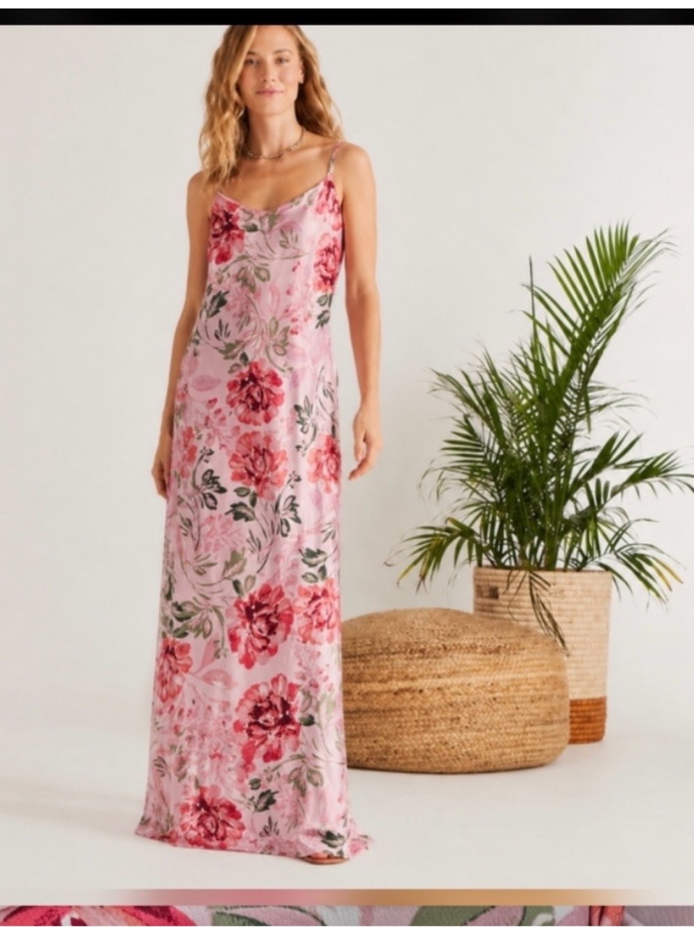 Calypso St. Barth Pink Floral Slip Maxi Dress with Red Rose Print